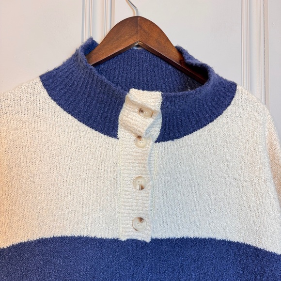Altar'd State Blue and Cream Rugby Striped Button Up Sweater Tufted Textured L - Picture 2 of 12